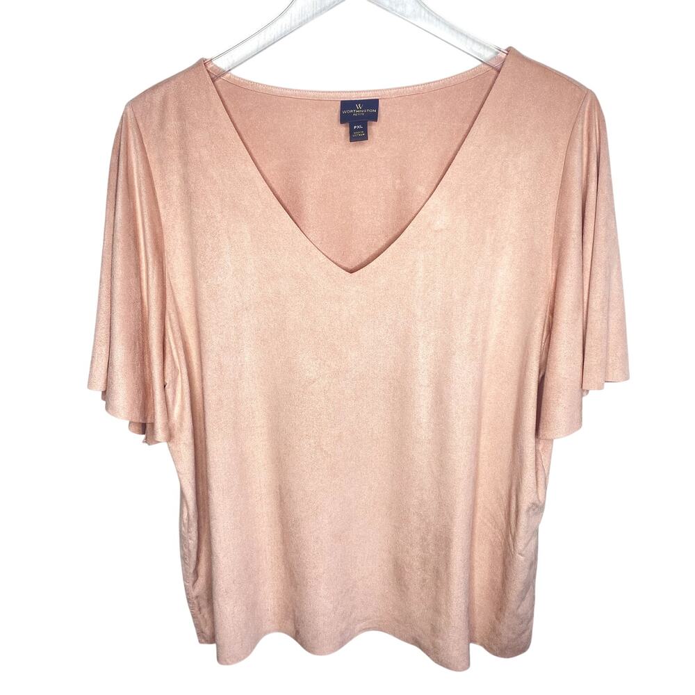 Worthington Womens Petite Pink Faux Suede Flutter Sleeve V-Neck Top Size PXL